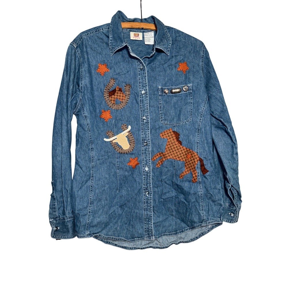 Faded Glory Womens Denim Western Shirt Blue Patchwork Horse Longhorn M Rodeo